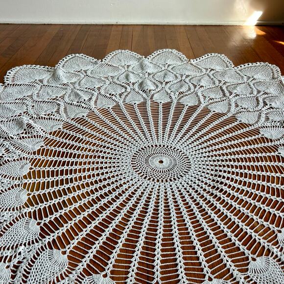 Vintage Hand-Crocheted Round Lace Tablecloth – 64” Peacock Pattern - Picture 9 of 10